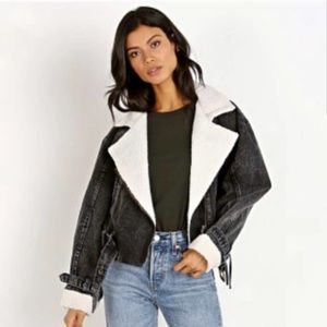 ZARA Sherpa Collar Black Denim Moto Jacket